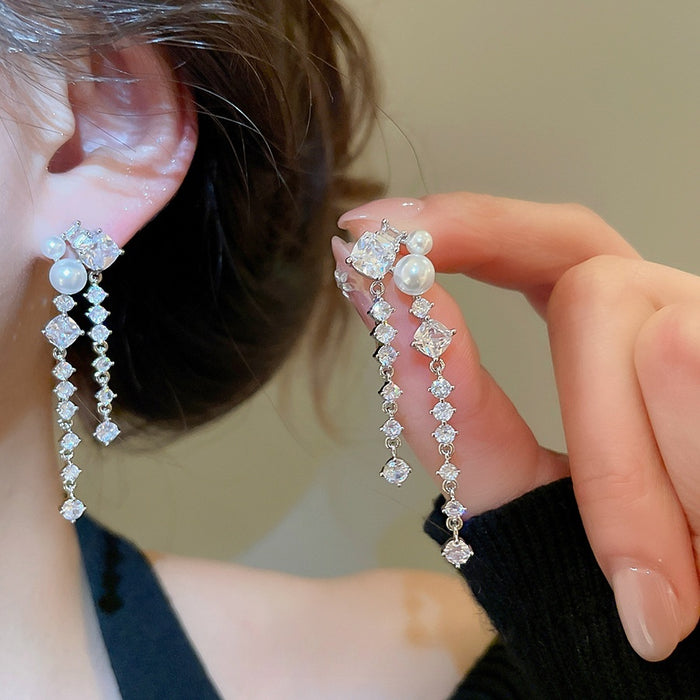 Light Luxury Korean Geometric Zircon Pearl Tassel Iron Drop Earrings With Silver Posts