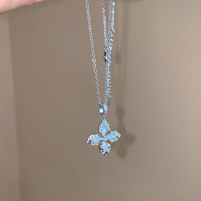 Korean Minimalist Copper Zircon Cross Pendant Sweater Necklace Elegant Light Luxury Collarbone Chain