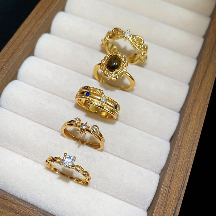 Gold Plated Copper Zircon Tiger Eye Open Ring For Women Geometric Exotic Index Finger Jewelry
