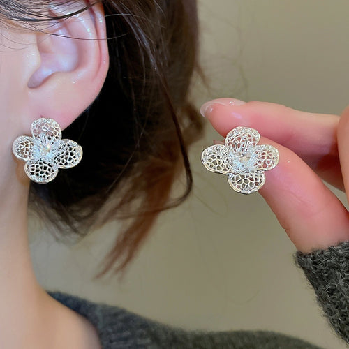 Gold Plated Copper Zircon Hollow Flower Stud Earrings Light Luxury Minimalist Floral Jewelry