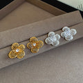 Gold Plated Copper Zircon Hollow Flower Stud Earrings Light Luxury Minimalist Floral Jewelry view 3