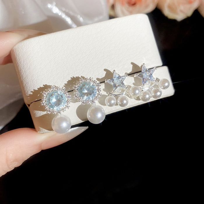Vintage Star Zircon Faux Pearl Stud Earrings With Silver Needle Posts For Women