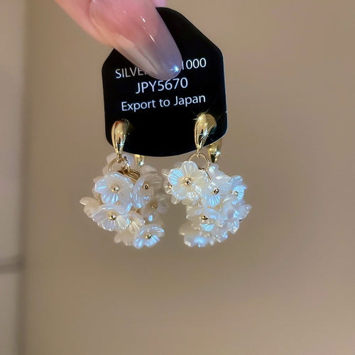 Gold Plated Silver Needle Flower Faux Pearl Stud Earrings Elegant Light Luxury Women's Jewelry