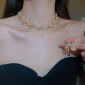 French Vintage Alloy Bow Pearl Necklace And Earrings Jewelry Set, Elegant Court Style view 2