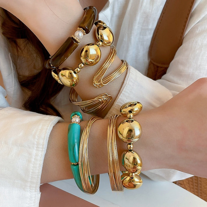 Acrylic Beaded Round Elastic Bangle European American Geometric Fashion Statement Bracelet