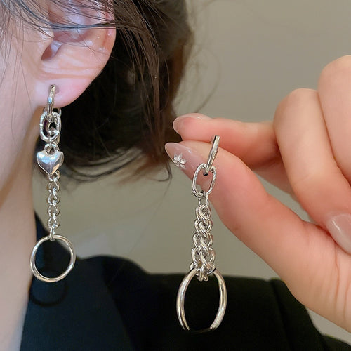 Minimalist Asymmetric Chain Heart Circle Iron Drop Earrings With Silver Pins For Women