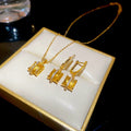 Light Luxury Copper Zircon Square Pendant Necklace And Earrings Jewelry Set For Women view 3