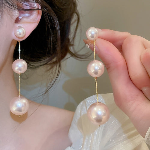 Elegant OL Style Silver Needle Faux Pearl Beaded Round Tassel Drop Earrings