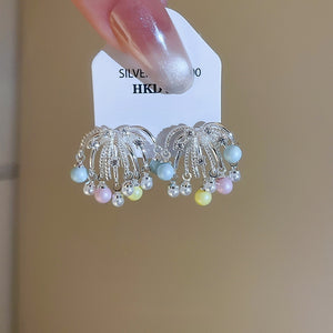 Light Luxury Copper Zircon Flower Cluster Pearl Tassel Drop Earrings For Women
