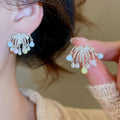 Light Luxury Copper Zircon Flower Cluster Pearl Tassel Drop Earrings For Women view 2