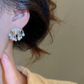 Light Luxury Copper Zircon Flower Cluster Pearl Tassel Drop Earrings For Women view 4
