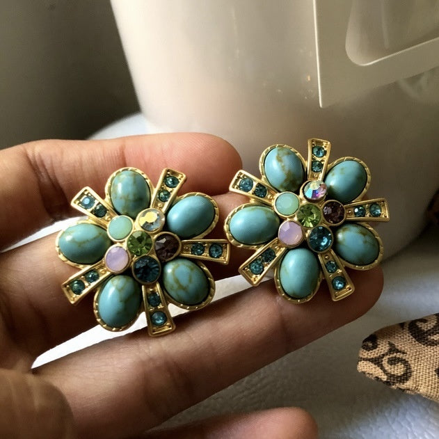 Copper Floral Rhinestone Stud Earrings Bohemian Vintage Ethnic Style Light Luxury Ear Jewelry