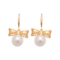 Gold Plated Zircon Bow Faux Pearl Hook Earrings, Light Luxury Elegant Fashion Jewelry view 5