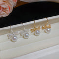 Gold Plated Zircon Bow Faux Pearl Hook Earrings, Light Luxury Elegant Fashion Jewelry view 4