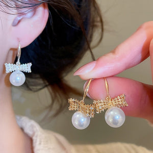 Gold Plated Zircon Bow Faux Pearl Hook Earrings, Light Luxury Elegant Fashion Jewelry
