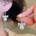 Gold Plated Zircon Bow Faux Pearl Hook Earrings, Light Luxury Elegant Fashion Jewelry view 3