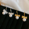 Gold Plated Zircon Bow Faux Pearl Hook Earrings, Light Luxury Elegant Fashion Jewelry view 2