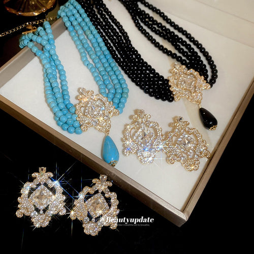 Vintage Layered Pearl Necklace And Earrings Jewelry Set, Alloy Geometric Luxury Court Style