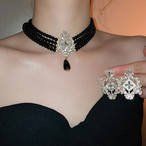 Vintage Layered Pearl Necklace And Earrings Jewelry Set, Alloy Geometric Luxury Court Style