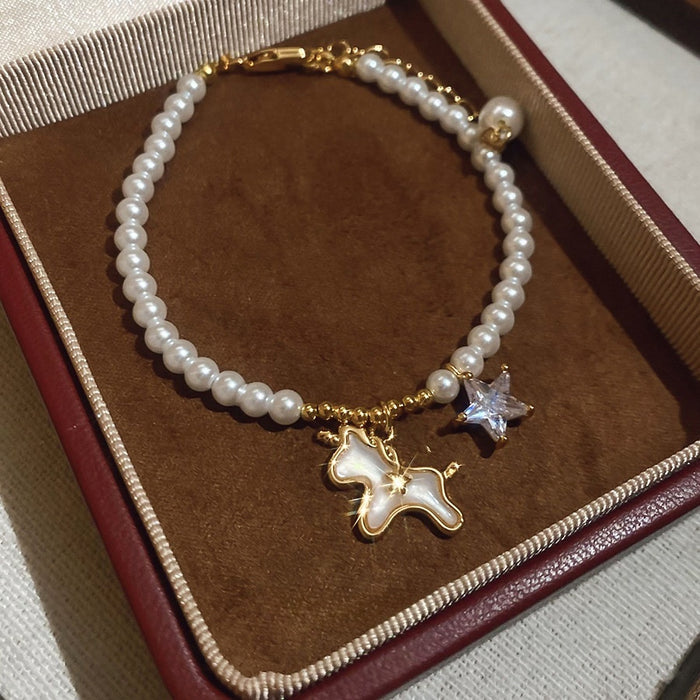 18K Gold Plated Faux Pearl Horse And Star Charm Bangle Minimalist Light Luxury Daily Jewelry
