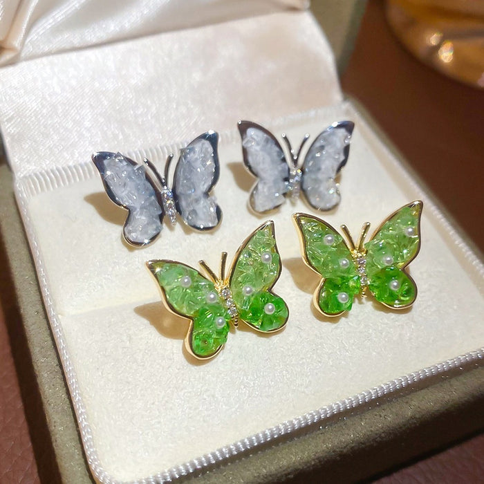 Silver Needle Artificial Crystal Zircon Butterfly Stud Earrings For Women, Light Luxury Niche Style
