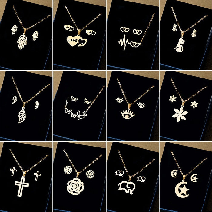 Stainless Steel Geometric Heart Fashion Necklace And Stud Earrings Set With Metal Collarbone Chain