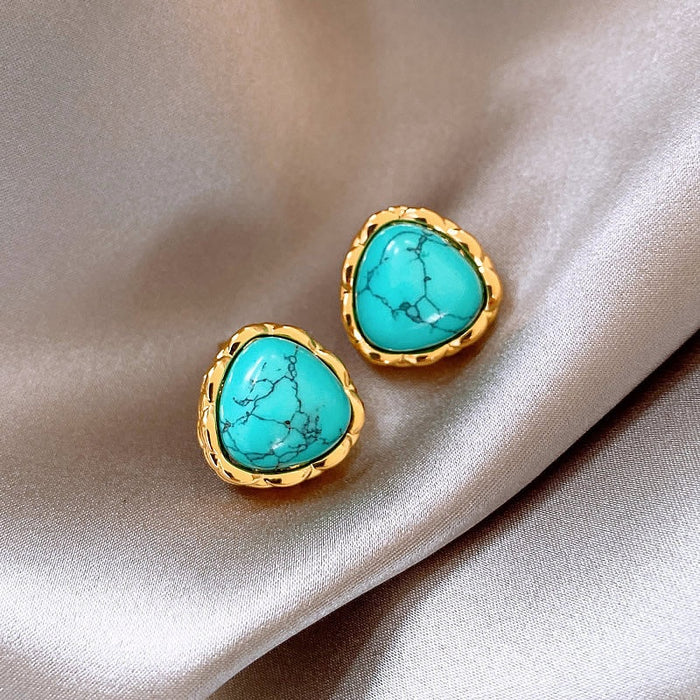 Vintage Alloy Silver Pin Resin Turquoise Triangle Stud Earrings Geometric Niche Design