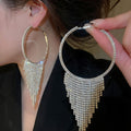 Light Luxury Copper Round Rhinestone Tassel Hoop Earrings With Silver Posts For Women view 1
