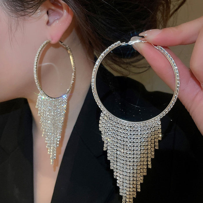 Light Luxury Copper Round Rhinestone Tassel Hoop Earrings With Silver Posts For Women