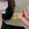 18K Gold Plated Copper Wrinkled Round Geometric Stud Earrings For Women Light Luxury Style view 2