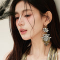 Luxury Baroque Alloy Rhinestone Square Flower Drop Earrings, Niche Floral Ear Hooks view 3