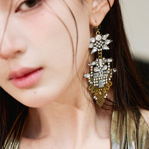 Luxury Baroque Alloy Rhinestone Square Flower Drop Earrings, Niche Floral Ear Hooks