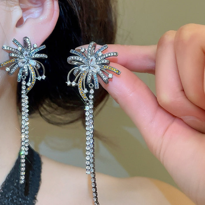 Copper Zircon Firework Tassel Drop Earrings Floral Geometric Light Luxury Designer Style