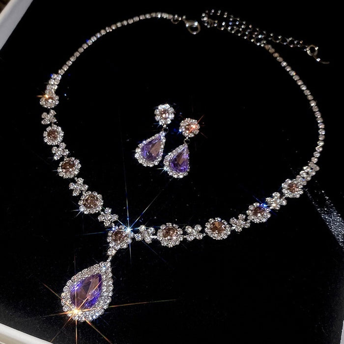 European Style Alloy Rhinestone Flower Stud Earrings And Water Drop Necklace Jewelry Set
