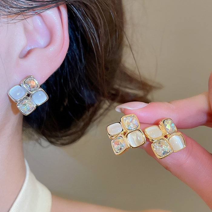 18K Gold Plated Copper Diamond Cat Eye Stud Earrings With Silver Pins For Women