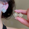 18K Gold Plated Zircon Hollow Flower Faux Pearl Clip-on Earrings Vintage Court Style view 4