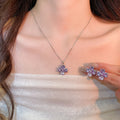 Korean Style Sparkling Zircon Flower Copper Earrings Necklace Jewelry Set For Women view 2