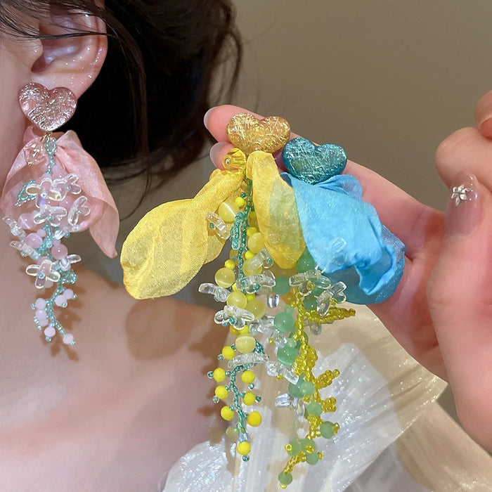 Sweet Heart Flower Artificial Crystal Tassel Drop Earrings With Silver Needle Posts