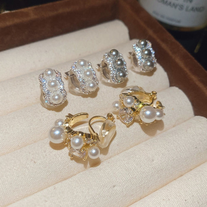 Vintage Round Faux Pearl Zircon Clip-on Earrings For Women, Light Luxury Geometric Design