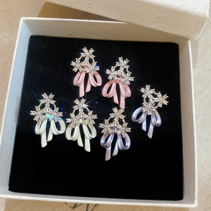 Copper Zircon Flower Bow Stud Earrings Korean Sweet Elegant Light Luxury Enamel Jewelry