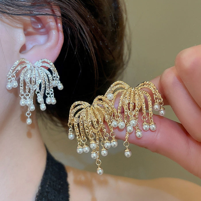 18K Gold Plated Faux Pearl Firework Tassel Geometric Clip-on Earrings For Women