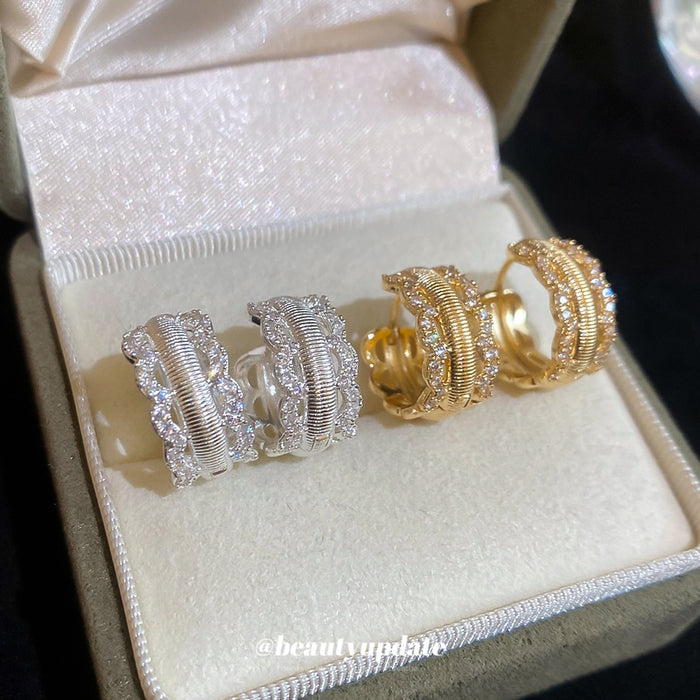 18K Gold Plated Copper Zircon Hollow Round Huggie Earrings French Vintage Geometric Style