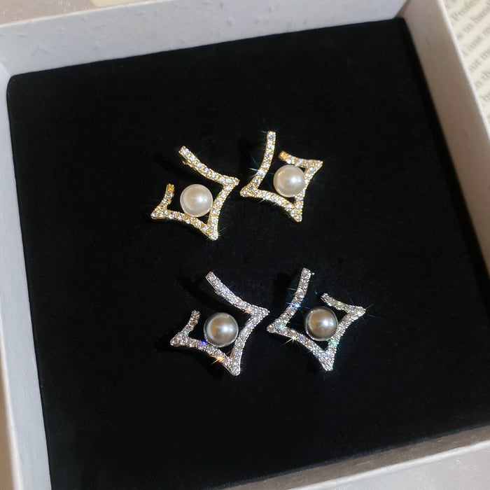 Light Luxury Rhombus Zircon Faux Pearl Stud Earrings Vintage Elegant Silver Needle Jewelry