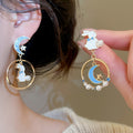 Asymmetric Moon Rabbit Faux Pearl Stud Earrings With Silver Pins, Cartoon Light Luxury Style view 1