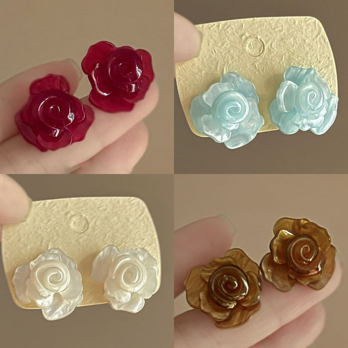 Resin Multilayer Flower Stud Earrings For Women, Vacation Style Sweet Floral Silver Post Jewelry