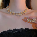 French Rhinestone Round Faux Pearl Earrings Necklace Jewelry Set Vintage Elegant Maillard Style view 3