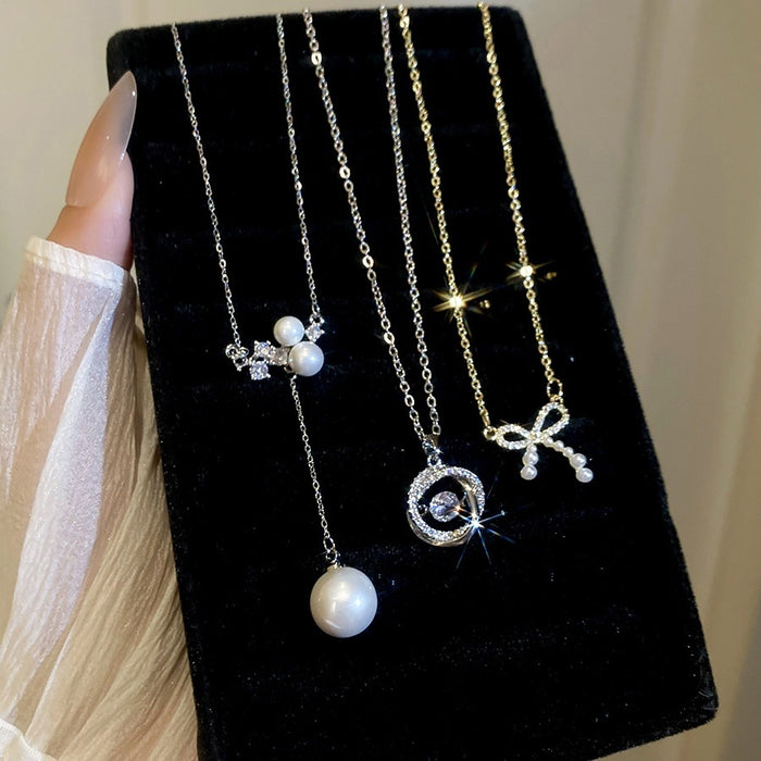Korean Zircon Bow Faux Pearl Necklace Elegant Light Luxury Geometric Collarbone Chain