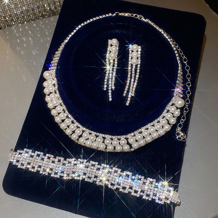 Light Luxury Rhinestone Round Faux Pearl Necklace And Stud Earrings Jewelry Set For Women