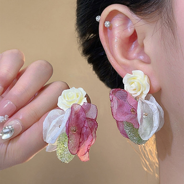 Artificial Crystal Flower Heart Stud Earrings Elegant Niche Style Silver Pin Jewelry for Women