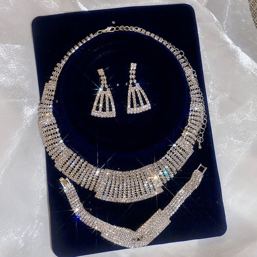 Light Luxury Copper Rhinestone Geometric Trapezoid Earring Necklace Jewelry Set For Women
